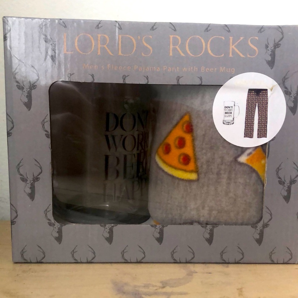 Don’t Worry Beer Happy glass🍺 mug & men’s pizza 🍕 slices pj pants gift set